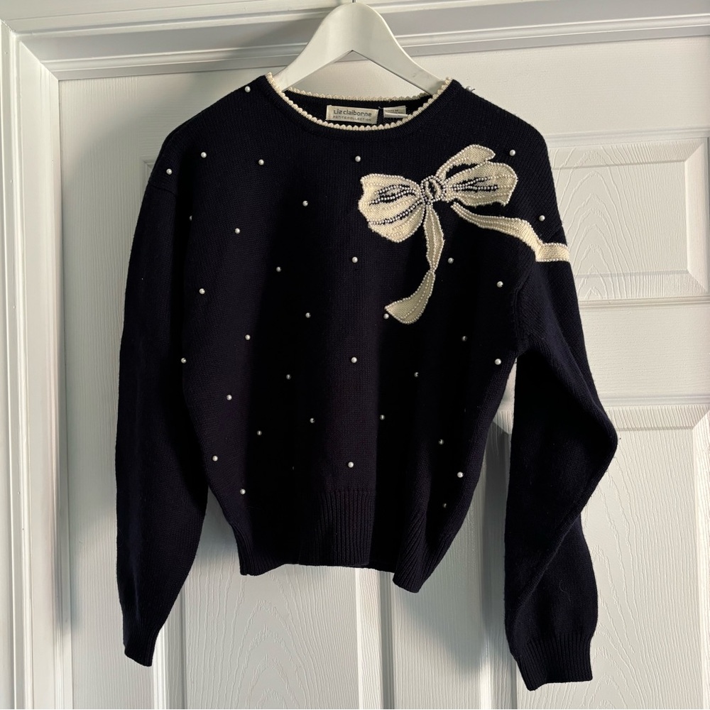 Women’s Vintage Liz Claiborne Merino Wool Bow Sweater Size Medium Petite